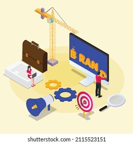 Creative people working on product branding isometric 3d vector concept for banner, website, illustration, landing page, flyer, etc.
