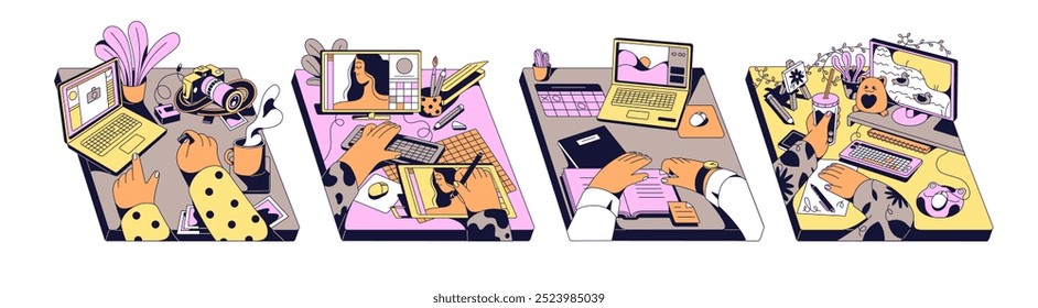 Creative people workplaces set. Workspaces in brutalism style. Colourful tables with computers, laptops. Artists work, drawing, watch videos at desks. Flat isolated vector illustrations on white