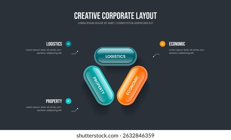 Creative Performance 3 Element Infographic Slide Design. Advertising Visualization Frame Layout Vector Illustration. Business Profile Three Option Diagram Slideshow Template.