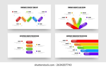 Creative Performance 5 4 4 5 Step Diagram Frame Template Set. Professional Review Five Four Four Five Element Infographic Slide Design Vector Illustration Collection.