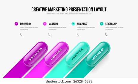 Creative Performance Four Step Infographic Slideshow Template. Company Briefing Presentation Layout Vector Illustration. Professional Overview 4 Element Diagram Slide Design.