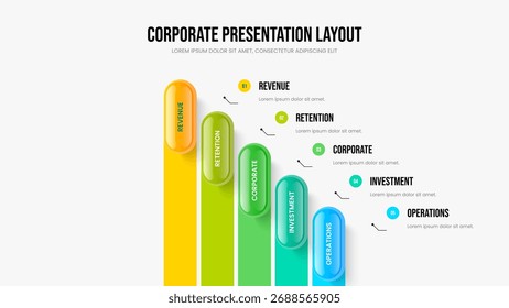 Creative Performance Slideshow Template Vector Illustration. Company Insight 5 Element Infographic Presentation Design. Enterprise Forecast Five Step Diagram Frame Layout.