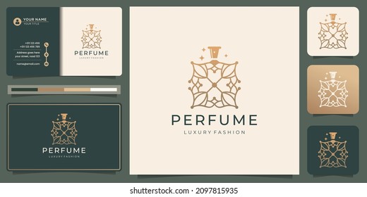 creative perfume logo template. minimalist linear style perfume bottles inspiration, golden color.