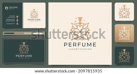 creative perfume logo template. minimalist linear style perfume bottles inspiration, golden color.