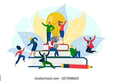Creative person at business team happy with cartoon idea light bulb vector illustration. Businessman woman character in success teamwork concept. Flat innovation group solution for good work.