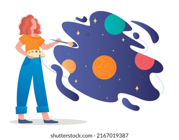 Creative Person Concept. Woman With Paints And Brush Draws Cosmos. Art And Creativity, Development Of Skills. Imagination And Fantasy, Metaphor Of Curiosity. Cartoon Flat Vector Illustration