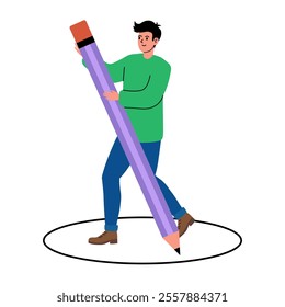 Creative person holding a giant pencil while walking in a circle