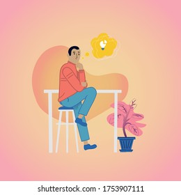 creative person, male character thinks, at the table, idea, question, sits on a chair, man, inspiration, emptiness. vector trend illustration