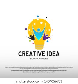 creative person relationship logo with abstract people and bulb lamp concept. teamwork. group. family love. vector element illustration