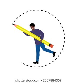 Creative person running with a giant yellow pencil in a playful setting