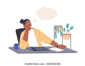 Creative person thinking and dreaming at work. Woman creating and imagining in thoughts. Inspired employee with ideas in mind and tablet on desk. Flat vector illustration isolated on white background