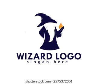 creative person wearing a robe wearing a wizard's hat and holding a fireball logo design