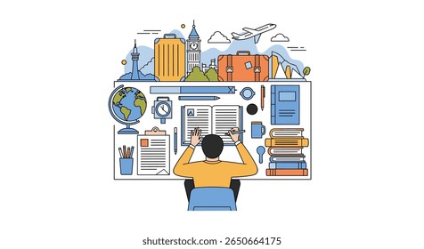 Creative person working hard at their desk planning a wonderful trip around the world