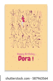 Creative personal greeting card for friends  birthday. Party dance people. Line vector
