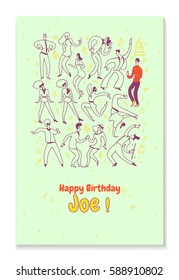 Creative personal greeting card for friends  birthday. Party dance people. Line vector illustration set
