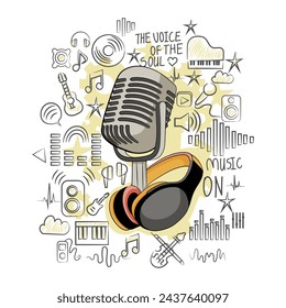 Creative personal talent. Singing and musical production. Microphone and headphones. Concept of music creation in different genres. Sketch around. Vector illustration