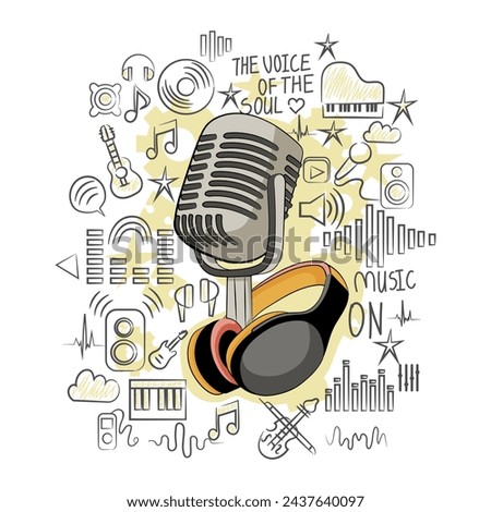 Creative personal talent. Singing and musical production. Microphone and headphones. Concept of music creation in different genres. Sketch around. Vector illustration