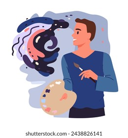 Creative personality of artist, vision, artistic perception of reality. Male painter with brush and paints painting picture from imagination, human head silhouette behind cartoon vector illustration