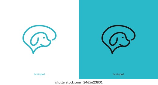 Creative Pet Brain Logo Design. Brain and Dog Head with Line Art Outline Style. Pet School Logo, Icon, Symbol, Vector, Design Template.