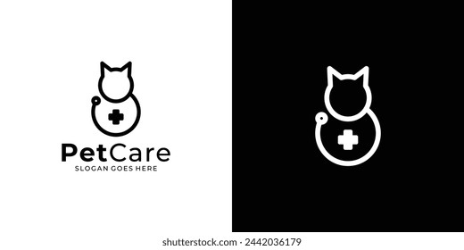 Creative Pet Care Logo. Cat and Stethoscope with Lienar Outline Style. Pet Clinic Logo Icon Symbol Vector Design Inspiration.