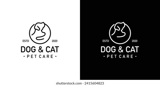 Creative Pet Care Logo. Circle Cat Hugging Dog with Lineart Outline Icon Symbol Vector Design Template.
