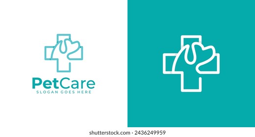 Creative Pet Care Logo. Cross Health, Plus and Dog with Linear Outline Style. Pet Care Logo Icon Symbol Vector Design Template.