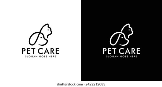 Creative Pet Care Logo. Hundekatze mit Linear Outline Symbol Vectordesign Vorlage.