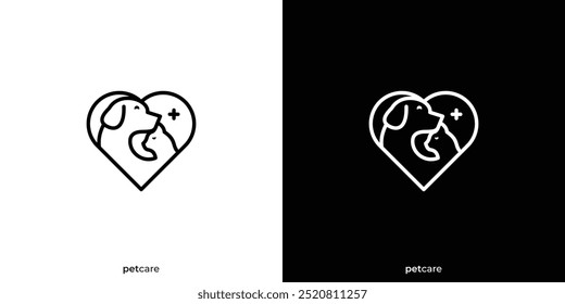 Logotipo creativo del cuidado del animal doméstico. Gato del perro del amor con la Plantilla del diseño del Vector del símbolo del esquema de Lineart.