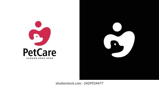 Creative Pet Care Logo. People Hug Dogs with Minimalist Style. Dog Logo Icon Symbol Vector Design Template.