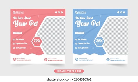 Creative pet care social media post vector with pink and blue colors. Pet grooming and healthcare business promotion template with abstract shapes. Animal veterinary service advertisement template.