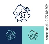 creative pet logo design with horse, dog, cat, bird vector template, line art illustration