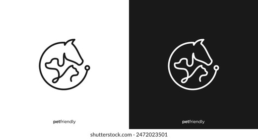 Diseño creativo del logotipo de la mascota. Caballo, perro, gato con estilo de contorno de arte de línea. Icono, símbolo, Vector, Plantilla de diseño.