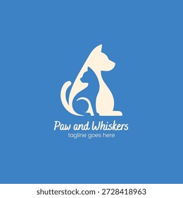 Logotipo de mascota creativa con una silueta estilizada de perro y gato anidada en un emblema cohesivo. Ideal para el cuidado de mascotas, clínicas veterinarias, refugios de animales o negocios de suministro de mascotas. La tipografía amigable y el diseño limpio lo hacen perfecto para el uso de marca y marketing.