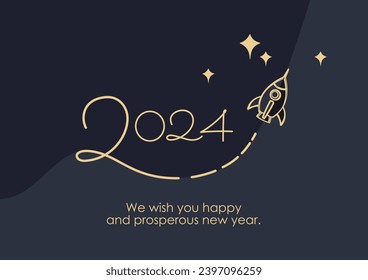 Creative pf 2024 concept for wishes of prosperous and successful happy new year. Greeting card with cartoon rocket heading up. 