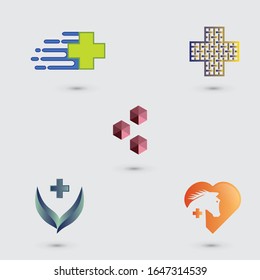 Creative pharmaceutical logo set design, hospital pharmacy, first help, science, dietary, medicinal, vector illustration, abstract,