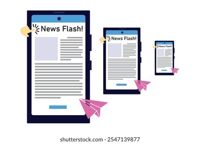Creative Phone Flat Design Illustrations for News Outreach, Engaging Graphic Elements for Phone News Readers and News Apps, Informative Phone Icons Representing Different News Categories