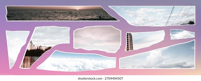 Collage de fotos creativas con el cielo y las nubes dentro de Formas abstractas. Moderna textura semitono con suave gradiente pastel. Ilustración vectorial sobre un fondo aislado.