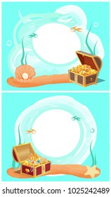 Creative photo frames with treasure in sea set. Chests with mermaid treasures and big pearl in shell on framework for pictures vector illustrations.