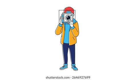 Creative Photographer Capturing Moments with Vintage Camera and Modern Style Clothing