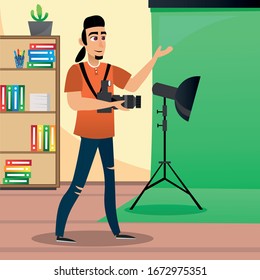 Creative Photographer in Photo Studio. Green Roll Background. Photo Studio. Office Interior. Creative Designer. Creative Appearance. Vector Illustration. Man in Orange T-Shirt near Light Source.