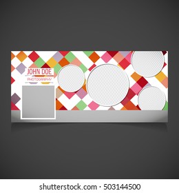 Creative Photography banner template. place for image. Photography Cover. Editable timeline cover template. geometric pixel Corporate cover background. Vector illustration