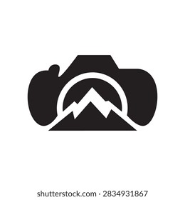 Creative photography camera vector logo with mountain peaks and sun inside the lens