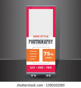 Creative Photography Concept Roll-up Banner design. Graphic template roll-up for seminar, layout for placement of photos. Universal stand for conference - Vector