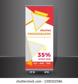 Creative Photography Concept Roll-up Banner design. Graphic template roll-up for seminar, layout for placement of photos. Universal stand for conference - Vector
