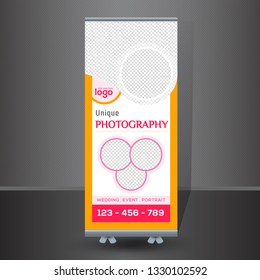 Creative Photography Concept Roll-up Banner design. Graphic template roll-up for seminar, layout for placement of photos. Universal stand for conference - Vector