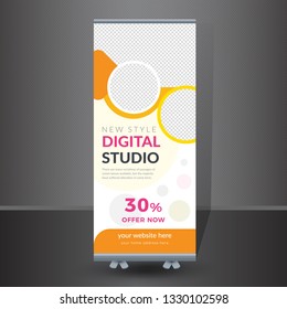 Creative Photography Concept Roll-up Banner design. Graphic template roll-up for seminar, layout for placement of photos. Universal stand for conference - Vector