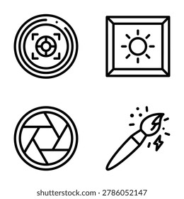 Creative and photography icons: camera lens frame aperture paintbrush with line art lens icon brush aperture
