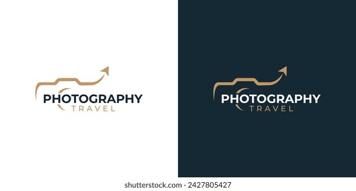 Creative Photography Travel Logo. Camera and Plane with Minimalist Style. Trip Lens Logo Icon Symbol Vector Design Template.	