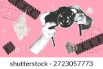 Creative Photography. Trendy Halftone Collage. Scrapbooking Kit, Cutout Lace, Camera, Heart