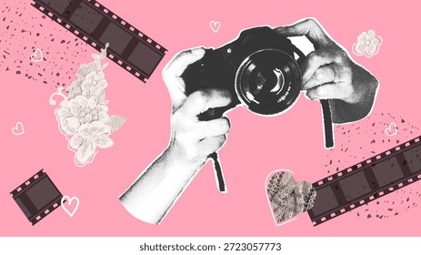 Kreative Fotografie. Trendy Halftone Collage. Scrapbooking Kit, Ausschnittspitze, Kamera, Herz